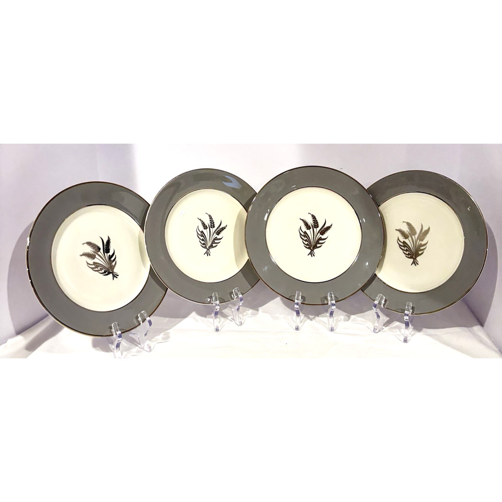 Vintage Royal Jackson 8.25" Silver Wheat Gray Verge Salad Plates MCM Set Of 4